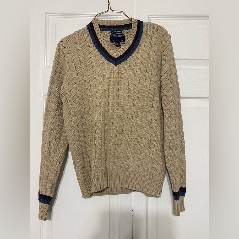 American Eagle vintage slim fist Men's Beige Cable Knit V-Neck size S